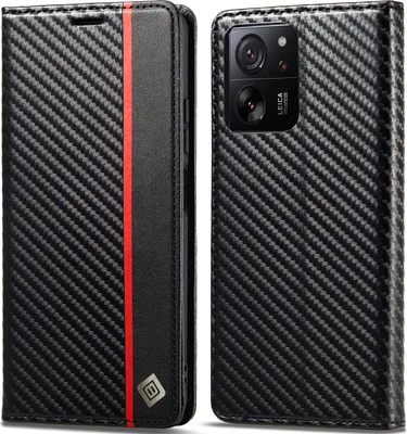 Produktbild von Hülle für Xiaomi 13T / 13T Pro / Redmi K60 Ultra Kohlefaser Leder Brieftasche Schutzhülle mit Standfunktion Schwarz Vertikale Rot
