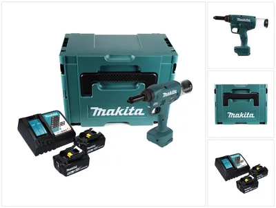 Immagine prodotto di Makita DRV 250 RTJ Rivettatrice a batteria 18 V 20 kN Brushless + 2 batterie da 5,0 Ah + caricabatterie + Makpac