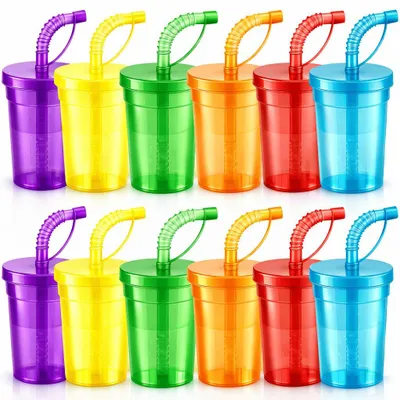 Produktbild von 12 Kinderbecher Trinkbecher mit Deckel & Strohhalm Kunststoff Becher Mehrweg
