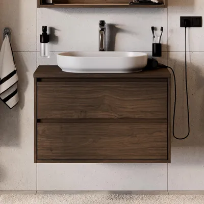 Produktbild von Badezimmer Waschtisch mit 80 cm Breite in Walnuss, 2 Schubladen & Aufsatzwaschbecken - VERZUOLO-56-WALNUT