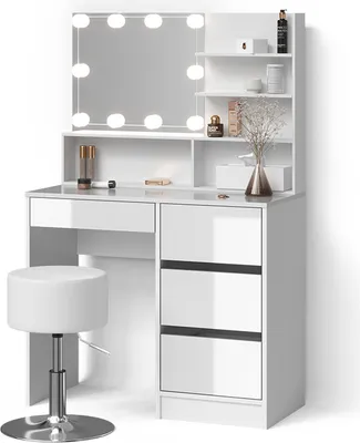 Produktbild von Schminktisch Livinity Imola Weiß mit LED Beleuchtung, Hocker und Spiegelregal, Model 52437