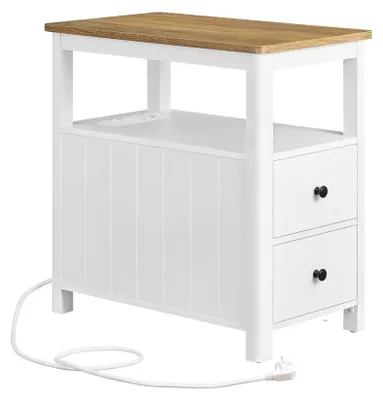 Produktbild von Schmaler Beistelltisch mit Steckdosenleiste und 2 Schubladen | Braun-weiß | 35x60x60 cm