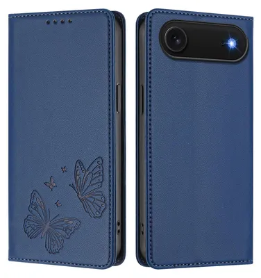 Produktbild von Lederhülle für iPhone Air, Schmetterling Prägung Leder Brieftasche Schutzhülle mit Ständer Dunkelblau
