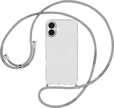 Produktbild von Handykette Backcover-Schutzhülle mit Band (Metall silberfarben) für iPhone 16 Plus - weiß/grau kariert