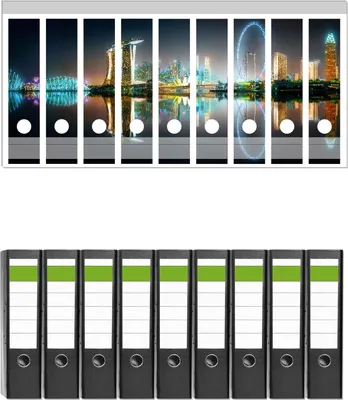 Produktbild von Wallario 9 Stück breite Ordner inkl. Klebeetiketten mit Motive Singapur bei Nacht -  Set mit Rückenschildern / Ordnerrücken Stickern