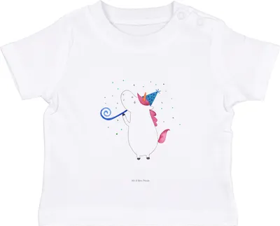Produktbild von Mr. & Mrs. Panda Babyshirt Einhorn Party 0. - 6. Monat - Weiß - Geschenk, Club, Baby Baumwollshirt, Geburtstag, Disco,  T-Shirt, Kleinkind, Unicorn, Konfetti, Alkohol