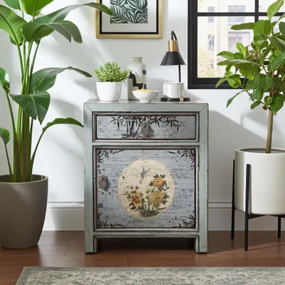 Produktbild von Chinesisches Nacht-Schränkchen asiatischer Nachttisch Kleiner Nacht-Schrank orientalische Schlafzimmer-Kommode Konsole hellgrau, komplett montiert