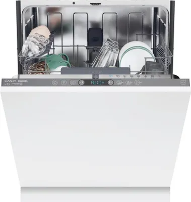 A white dishwasher with its door open, showing the interior racks filled with dishes and glasses.