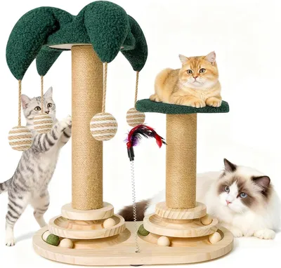 Productafbeelding van Kattenspeelgoed - 6-in-1 kattenboom met kogelbaan en krabvlak - hout en sisal - 43 x 29 x 50 cm