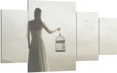 Produktbild von Bild auf Leinwand - Leinwandbild - 4 Teile - Frau Käfig Vogel - 160x90cm - Wand Bild - Wanddeko - Wandbilder - Leinwanddruck - Bilder - Wanddekoration - Leinwand bilder - Wandbild - DL160x90-4787