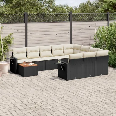 Produktbild von Design 11-tlg. Garten-Sofagarnitur mit Kissen Schwarz Poly Rattan, Gartenmöbel-Sets 2024 Neu