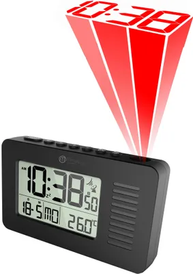 A black digital alarm clock with a projected red time display above it.