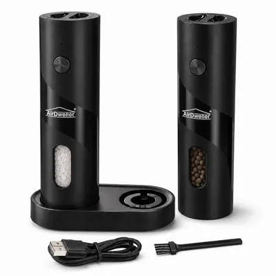 Zdjęcie produktu dla Zestaw 2 młynków elektrycznych AirDweller do soli i pieprzu USB-C LED czarne, Obraz wygenerowany przez AI