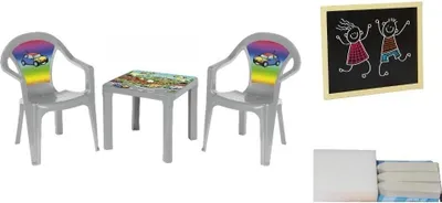 Produktbild von Tisch und zwei Stühle + Tafel in Pastellgrau – 3toysm