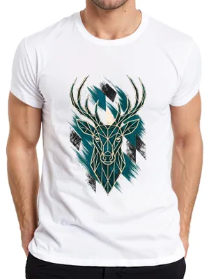 Productafbeelding van Hertshoorn, polygonale geometrische print, bos, natuur, leren broek, dirndl, heren T-shirt, wit, maat L