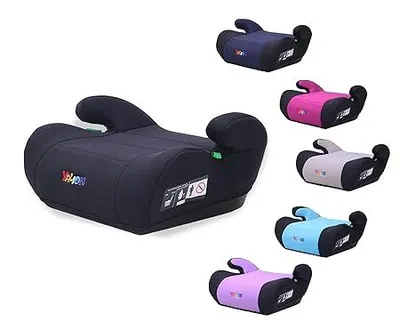 A large black car seat booster is shown in the foreground, with several smaller car seat boosters in various colors arranged in the background.