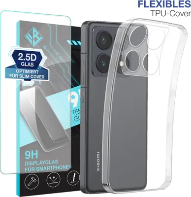 Produktbild von Handyhülle für Xiaomi 14T Pro mit 9H Displayglas Displayschutz Hülle Transparent Flexibel Elastisch Case Cover Backcover Schutzhülle