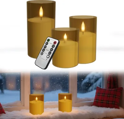 Produktbild von UISEBRT Gold LED Kerzen mit Timer & Fernbedienung Flammenlos Flicker Batteriekerzen für Haus Hochzeit Weihnachtsdeko Stilvolle Heimdekoration