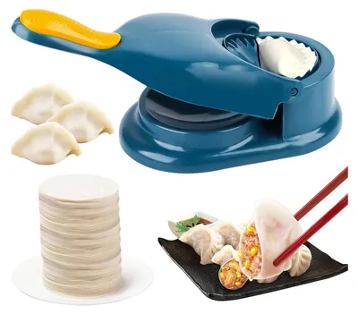 A blue dumpling maker with a yellow handle is shown, along with uncooked and cooked dumplings, and a stack of dumpling wrappers.