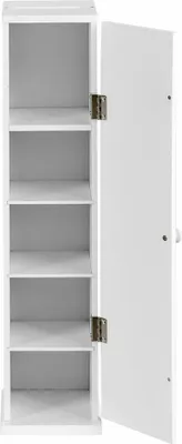 A tall, narrow white cabinet with its door open, revealing five shelves inside.