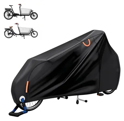Immagine prodotto di Coperture protettive per biciclette VK cargo, realizzata in tessuto Oxford 420D, impermeabile e resistente al vento, con elementi riflettenti e occhielli per lucchetto. Dimensioni: 270x75x100 cm