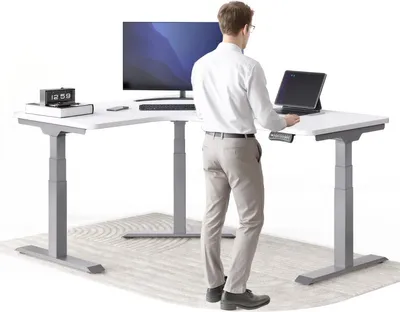Produktbild von DESKSPACE CORNER Schreibtisch, Elektrisch höhenverstellbar, 160 x 130 x 70 cm, Weiße Tischplatte, Graues Gestell