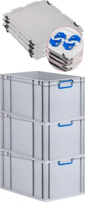 Produktbild von SuperSparSet 3x Eurobox NextGen Color mit Auflagedeckel und Schiebeschnappverschlüsse | HxBxT 32x40x60cm | 65 Liter | Grau | Griffe blau geschlossen | Verstärkter Boden | Eurobehälter, Transportbox, Transportbehälter, Stapelbehälter