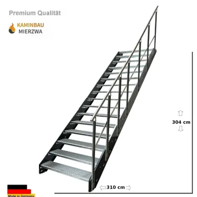 Obrázek produktu pro Schody s bočnicemi Ocelové schody Roštové stupně 16 schodů s pravým zábradlím Pozinkované a bočnice v antracitové barvě RAL 7016 (Š x V x H) 120 x 304 x 310 cm