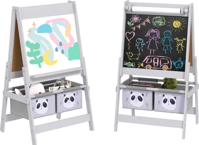 Image de AIYAPLAY Tableau chevalet enfant ardoise double face tableau blanc tableau à craie rouleau papier 2 paniers 54 x 46,5 x 93 cm gris