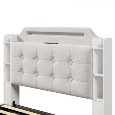Produktbild von Flieks Hydraulisches Polsterbett 140x200cm mit Usb & Type-c, Boxspringbett Doppelbett mit Stauraum, Jugendbett mit Led, Stauraumbett Leinen, Beige