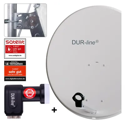 A satellite dish and LNB with marketing badges.