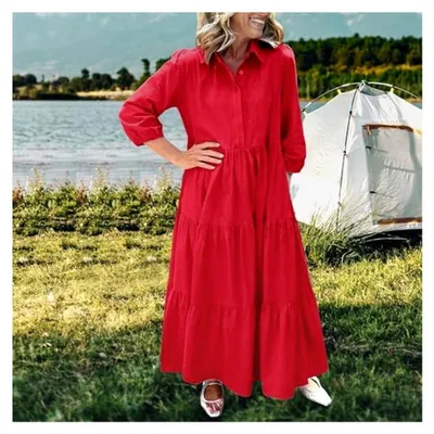 Produktbild von Damen Hemdkleid Sommerkleid mit V-Ausschnitt und elastischer Taille, Blumenkleid mit kleinem Blumenmuster, böhmisches A-Linien Kleid, Blusenkleid, Maxikleid für festliche Anlässe und Freizeit