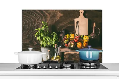 Produktbild von KitchenYeah®  Spritzschutz Küche - Küchenrückwand - Wandschutz für Herd und Spüle - Gemüse - Kräuter - Rustikal - Stilleben - Basilikum 80x55 - Alu-Dibond (Alternative zum Spritzschutz aus Glas) - Hit