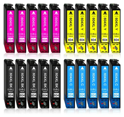A collection of ink cartridges arranged in rows on a white background.