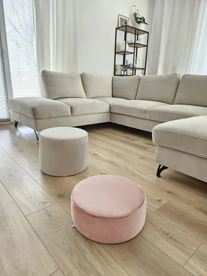 Immagine prodotto di Pouf rotondo in velluto rosa, 40x15 cm – Cuscino morbido per sedersi / Poggiapiedi