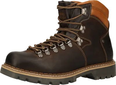 A single brown leather hiking boot shown from a three-quarter side view against a white background.