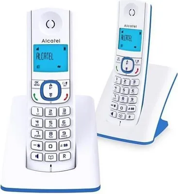 Produktbild von Schnurloses Telefon Alcatel F530 Duo, 2 Mobilteile, Anrufblockierung, Freisprechen, 2 Direktwahlspeicher, Weiß/Blau