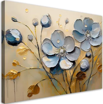 Produktbild von Leinwandbild Blumen Blätter Grau Gemalt 100x70 Feeby Blau bild für die wand bereit zum aufhängen