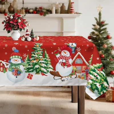 Obrázok produktu pre Vianočná obruska, snehuliak, polyester, obdĺžnikový tvar, 152 x 264 cm