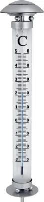 A thermometer with a silver top and bottom, showing temperature in Celsius.