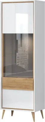 Produktbild von Vitrine Tuanai 02, Farbe: Eiche / Weiß Hochglanz - 195 x 64 x 40 cm (H x B x T)
