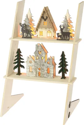 Produktbild von com-four® LED Deko Leiter mit Häusern - weihnachtliche Dekoration aus Holz - Häuser mit LED-Beleuchtung - Batteriebetriebene Raumdeko - Weihnachtsdekoration