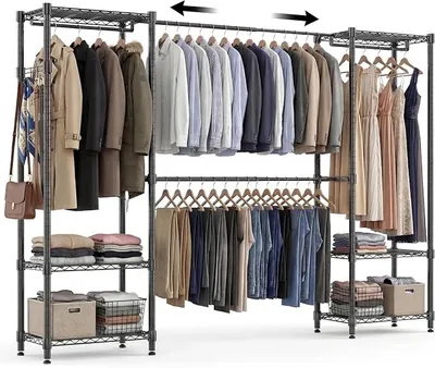 Imagen del producto de Perchero estable, sistema de armario abierto con 4 barras para colgar y 6 estantes de altura ajustable, perchero telescópico de metal resistente para dormitorios, 35 x (182-240) x 180 cm, color