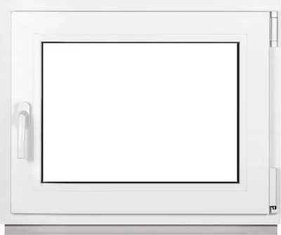 A white plastic window frame with a clear glass pane, shown against a white background.