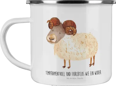 Produktbild von Mr. & Mrs. Panda Emaille Tasse Sternzeichen Widder - Weiß - Geschenk, Geburtstag April, becher, Teetasse, Kaffeepott, Pott, Schafbock, Bock, März