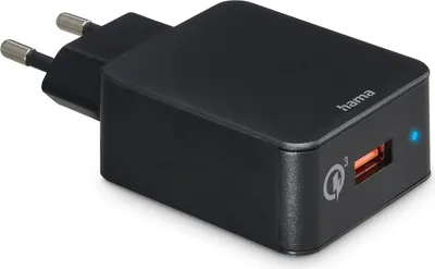 A black USB-A power adapter with a blue indicator light and a Quick Charge 3 logo.