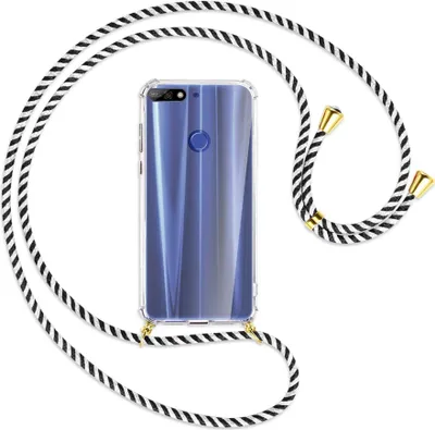 Produktbild von Handykette Backcover-Schutzhülle mit Band (Metall goldfarben) für Huawei Y7 (Prime) 2018 / Honor 7C - schwarz/weiß gestreift