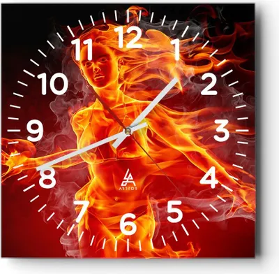 Produktbild von Wanduhr - Quadrat - Glasuhr - Frau Flammen Illustration - 30x30cm - Schleichendes Uhrwerk - Lautlos - zum Aufhängen bereit - Dekoration Modern - Wanddekoration aus Glas - C4AC30x30-0222