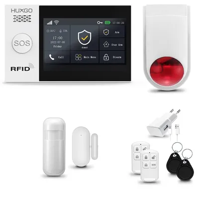 Produktbild von HUXGO HXA007 Alarmanlage Haus WiFi + GSM 4G mit Funk Sirene, Alarm System mit 1x Bewegungssensor und 1x Tür-Fenstersensor für Wohnung, Haus