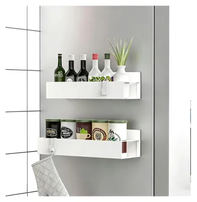 Produktbild von 2 Magnetregale für Kühlschränke, Gewürzregal ohne Bohren mit 4 Haken, platzsparende magnetische Regale in Weiß für Küche, Bad und Schlafzimmer